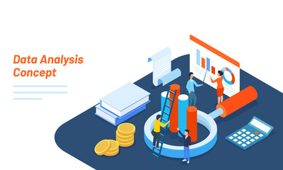 3D illustration of tiny business people maintain the data, magnifying glass with calculator and coin for financial growth or data analysis concept.