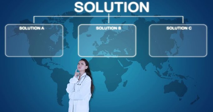 Thoughtful female doctor choosing a solution while walking back and forth with world map background