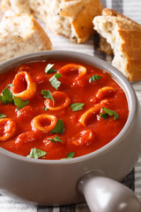 Italian cuisine spicy squid in tomato sauce close-up. vertical