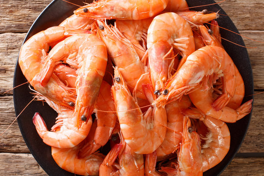 Fototapeta boiled large shrimp close-up on a plate. horizontal top view