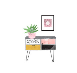 vector interior design hand drawn watercolor illustration. living room furniture sketch.  interior design logo banner