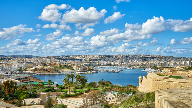 Panoramic view of the Msida harbor and the city from Valetta, Malta