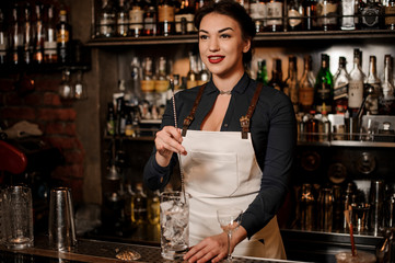 Beautiful sexy barman woman stirring ice in a glass