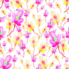 Watercolor seamless pattern, background with a floral pattern. Beautiful vintage drawings of plants, flowers for your design. yellow, pink, pink color on a white background.For cloth, paper, scarf.