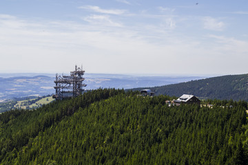 Tourism Czech Republic. Scenic panorama landscape view of The Sky Walk observatory on the top of Ski Area resort at Dolni Morava. Popular summer family fun attraction/destination in the mountains.