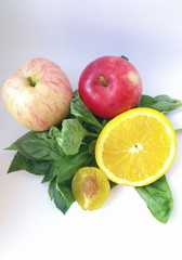 summer arrangement of apples, plums, basil, orange on a white background