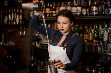 Beautiful sexy barmaid making a fresh summer cocktail