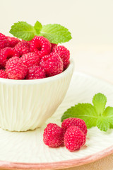 Ripe raspberries with green mint leaves in cup and saucer on pastel yellow background.
