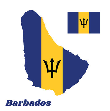 Map outline and flag of Barbados, A vertical triband of ultramarine (hoist-side and fly-side) and gold with the black trident-head centred on the gold band. with name text Barbados.