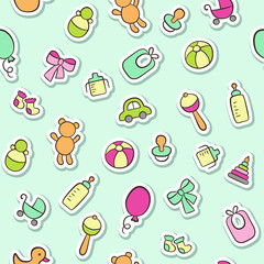 Baby. Newborn. Cute seamless pattern in doodle and cartoon style. Vector background for printing, banner, photo album and other