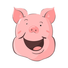 Portrait of a pig. Piglet head with emotion. Cute piggy happy laughter. Zodiac symbol 2019.