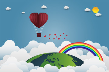 Valentine's day balloons in a heart shaped flying over grass view background, paper art style. vector illustrator