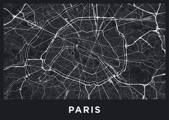 Dark Paris city map. Road map of Paris (France). Black and white (dark) illustration of parisian streets. Printable poster format (album). - obrazy, fototapety, plakaty