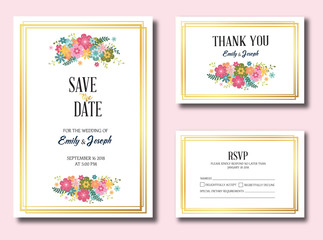 Vector template set. Wedding invitation, rsvp, thank you, save the date card design with elegant flowers
