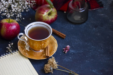 Obraz na płótnie Canvas A cup og tea with cinnamon and apple on the table
