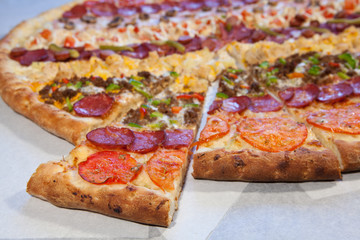 very large pizza, burger, patty, second course in the restaurant, fast food, food, healthy food