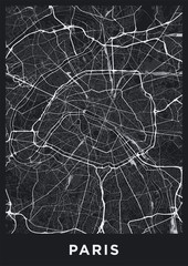 Dark Paris city map. Road map of Paris (France). Black and white (dark) illustration of parisian streets. Printable poster format (portrait). - obrazy, fototapety, plakaty