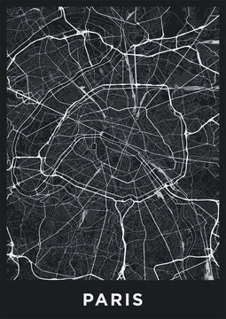 Dark Paris city map. Road map of Paris (France). Black and white (dark) illustration of parisian streets. Printable poster format (portrait).