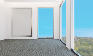 Office interior design in whire color. 3D rendering. Blank room. Mockup.   Empty paintings