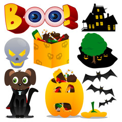Vector set for Halloween in vibrant colorful cartoon style. Illustration of characters and icons on white background. Dog in costume, pumpkin and other traditional elements of Halloween.