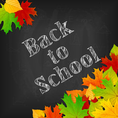 Back to School theme on black chalkboard with colorful leaves