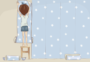 Wallpaper gluing / Girl doing repairs, funny vector illustration, background