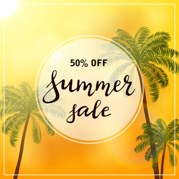 Palm trees on orange background and text Summer Sale