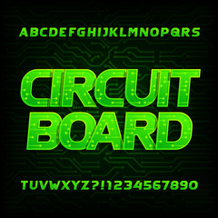 Circuit board font. Vector Alphabet. Digital hi-tech style letters and numbers. Dark green electronic background.