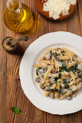 Penne pasta with spinach and mushrooms. Sprinkled with cheese.