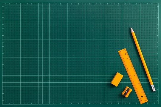 Flat lay picture of orange stationery on top the green cutting mat