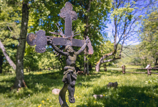 Graves on the ramins of former Orthodox Church in Wolosate, small settlement in Bieszczady National Park, Subcarpathian Voivodeship of Poland
