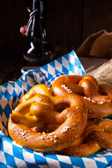 real homemade bavarian salty pretzel with beer