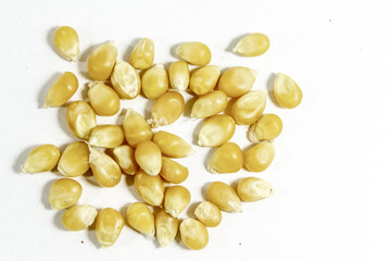 Top shot of corn seeds on white background