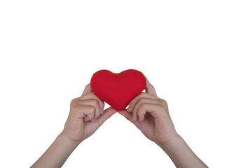 Hand with heart red on white background.