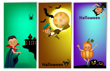 Set of three vertical Halloween banners with cute kids in costume . Halloween banner template with place for your text.