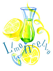 Watercolor hand drawn expressive illustration with glass of limoncello and lemons