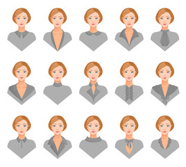 The image of a girl in clothes with different collars. Vector illustration. Form and design of collars.