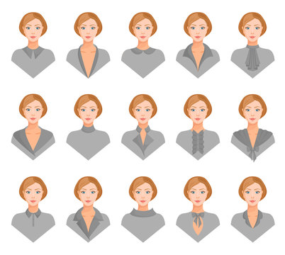 The image of a girl in clothes with different collars. Vector illustration. Form and design of collars.