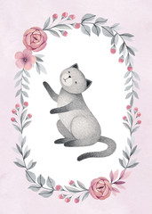 Watercolor illustration of cute cat. Perfect for greeting card