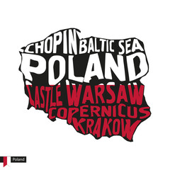 Naklejka premium Typography map silhouette of Poland in black and flag colors.