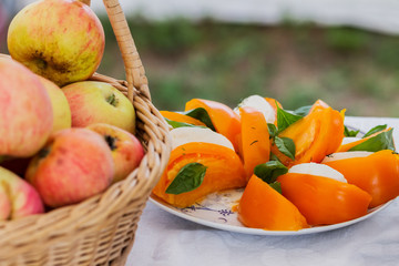 Romantic dinner in countryside.