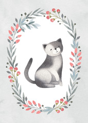 Watercolor illustration of cute cat. Perfect for greeting card