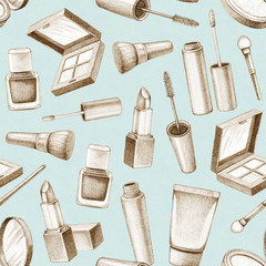 Fototapeta na wymiar Pencil drawing of make up products. Hand drawn cosmetics set. Seamless pattern