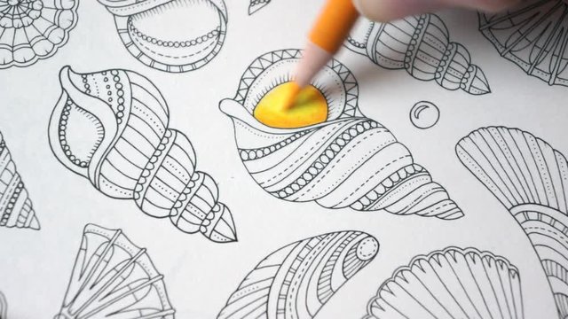 Coloring a sea shell in the adult anti stress coloring book with yellow and turquoise crayons