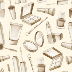 Pencil drawing of make up products. Hand drawn cosmetics set. Seamless pattern