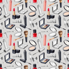 Illustrations of make up products. Hand drawn cosmetics set. Seamless pattern