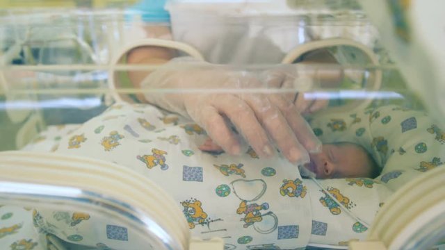 A nurse takes baby's hands, close up.