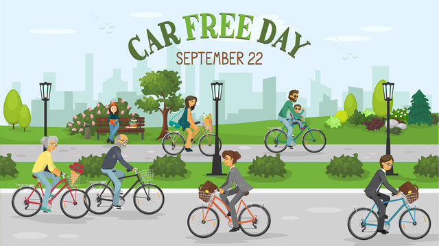 Car Free Day. People riding bike in the city and lettering 'Car Free Day. September 22'. Vector illustration. 