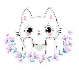Hand Drawn Cute Cat and Flowers Vector illustration.