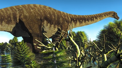 Huge Diplodocus in wetland, 3d illustration © satori